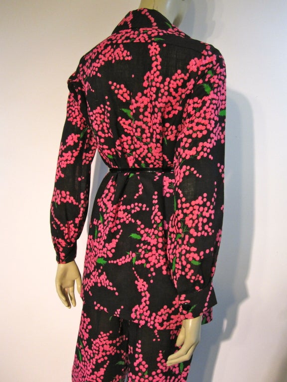 Yves Saint Laurent 70's Pant Suit w/ Electric Pink Floral Print 2