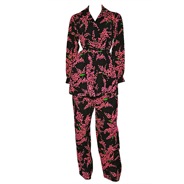 Yves Saint Laurent 70's Pant Suit w/ Electric Pink Floral Print