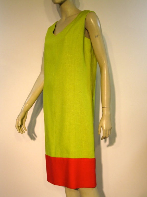 Yellow Teal Traina 60s Linen Color-Block Shift in Lime and Vivid Coral
