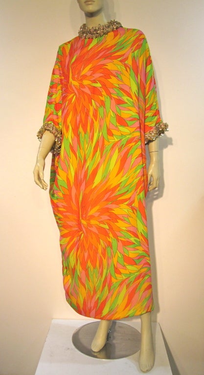 60s Eva Haynal Pucci-esque Caftan w/ Embellished Trim 2