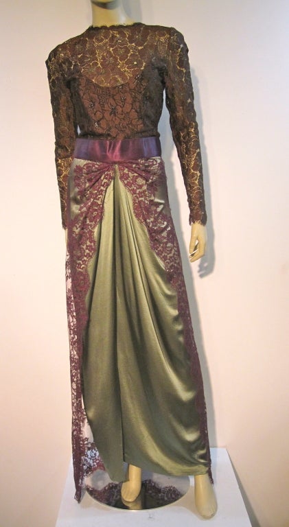 Stunning Bill Blass 70s sarong gown in silk Chantilly lace and satin. In a gorgeous color palette of imported fabrics: sage green, aubergine and mocha brown.  Size 6-8