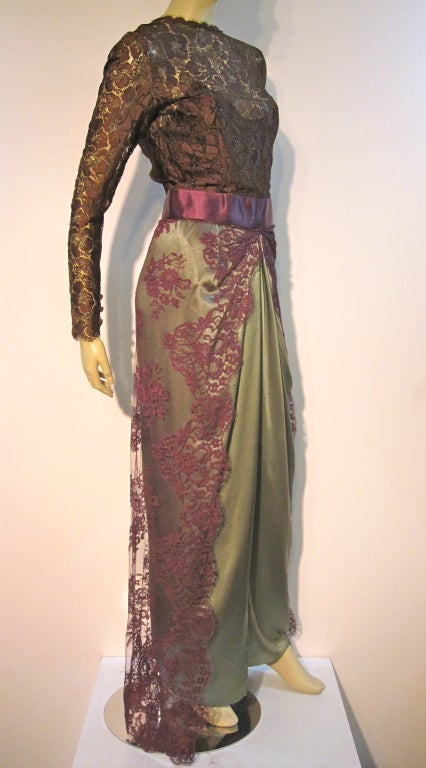 Brown Bill Blass 70s Silk Chantilly Lace Sarong Gown