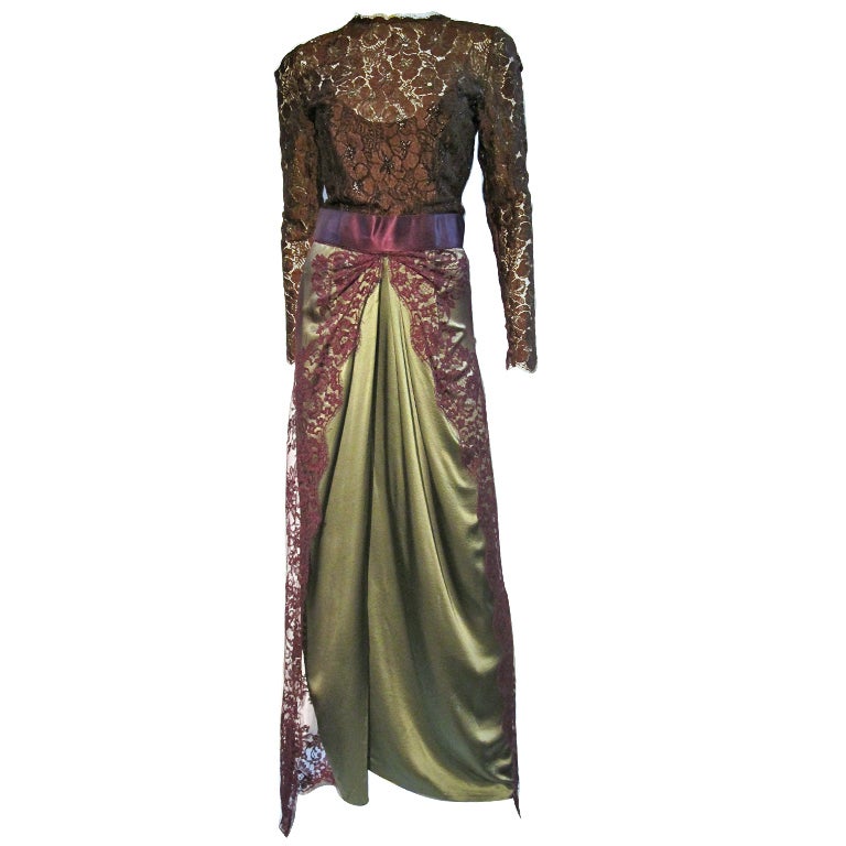 Bill Blass 70s Silk Chantilly Lace Sarong Gown