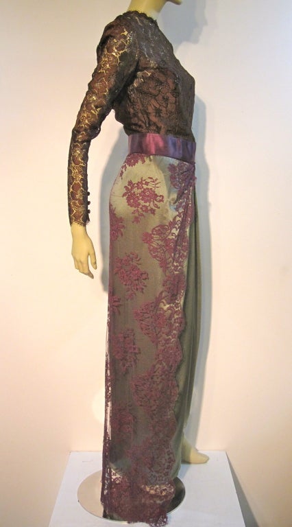 Women's Bill Blass 70s Silk Chantilly Lace Sarong Gown