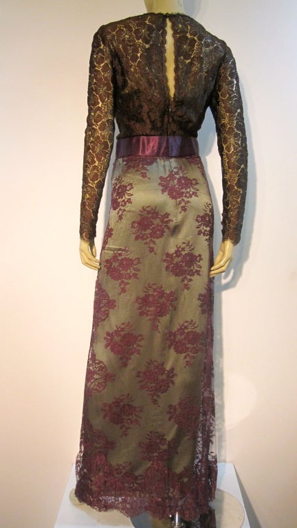 Bill Blass 70s Silk Chantilly Lace Sarong Gown 1