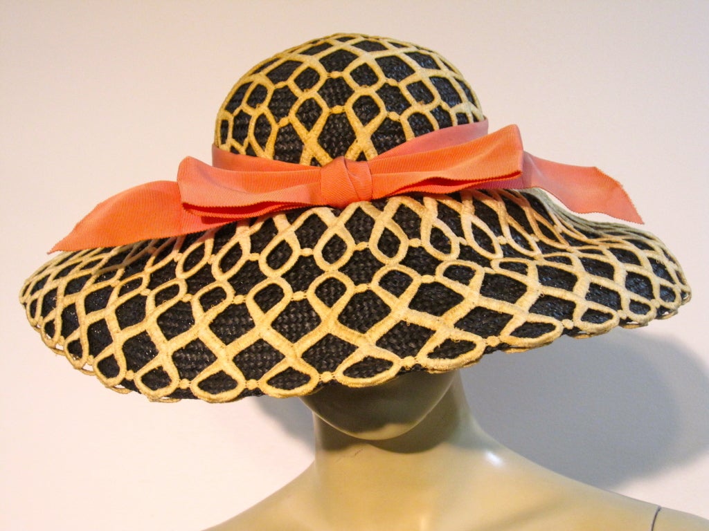 Orange Lilly Daché 50s Black Straw Sun Hat w/ Heavy Lace Overlay