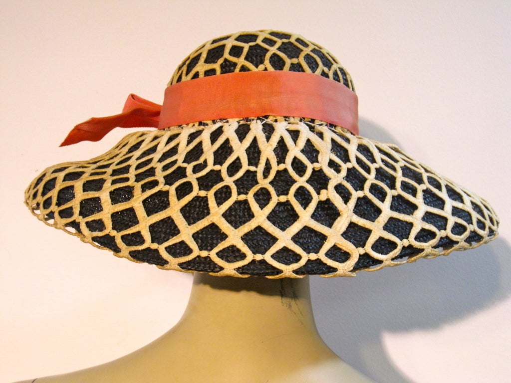 Women's Lilly Daché 50s Black Straw Sun Hat w/ Heavy Lace Overlay