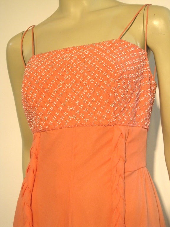 Orange 70s Helen Rose Coral Silk Chiffon Gown w/ Butterfly Tie Overlay