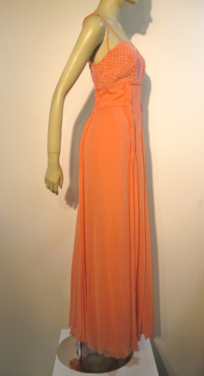 Women's 70s Helen Rose Coral Silk Chiffon Gown w/ Butterfly Tie Overlay