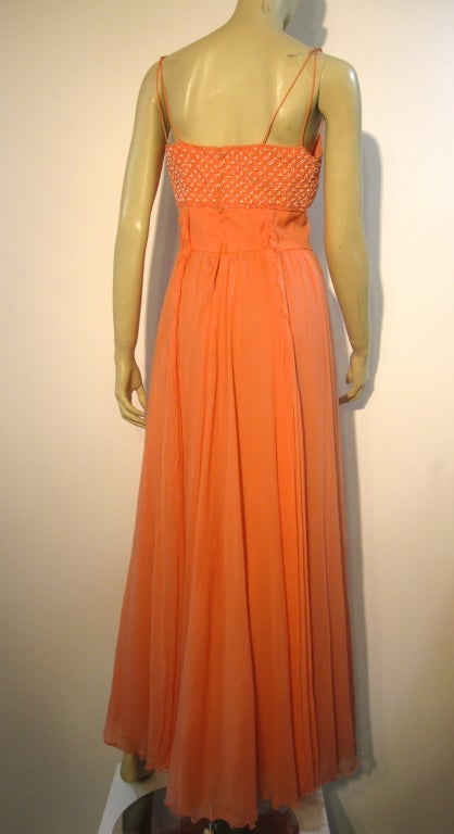 70s Helen Rose Coral Silk Chiffon Gown w/ Butterfly Tie Overlay 1