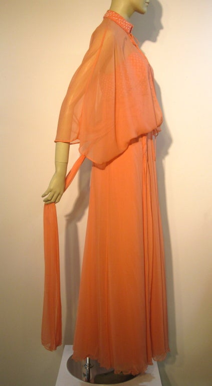 70s Helen Rose Coral Silk Chiffon Gown w/ Butterfly Tie Overlay 3