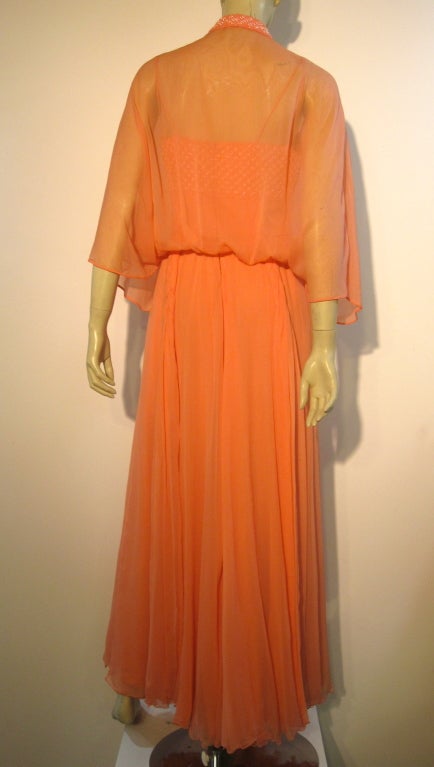70s Helen Rose Coral Silk Chiffon Gown w/ Butterfly Tie Overlay 4