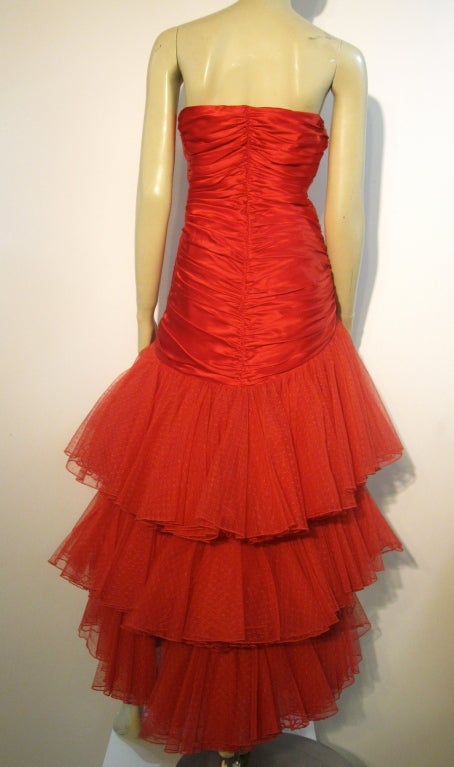 A Fabulous 80s Fire Engine Red Alfred Bosand Silk Flamenco Gown 1