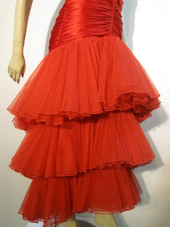 A Fabulous 80s Fire Engine Red Alfred Bosand Silk Flamenco Gown 2