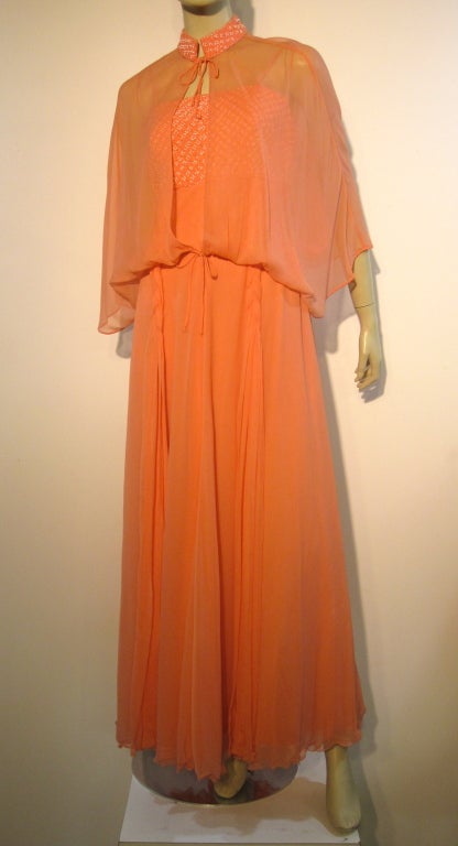1970s Helen Rose coral color silk chiffon gown with seed bead embellished bodice, double spaghetti straps, 4 braided chiffon 