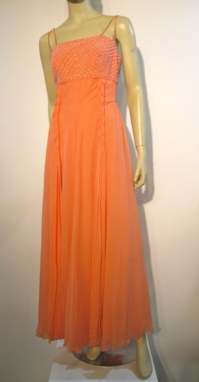 70s Helen Rose Coral Silk Chiffon Gown w/ Butterfly Tie Overlay 2