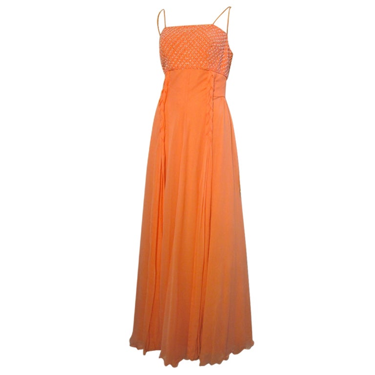 70s Helen Rose Coral Silk Chiffon Gown w/ Butterfly Tie Overlay