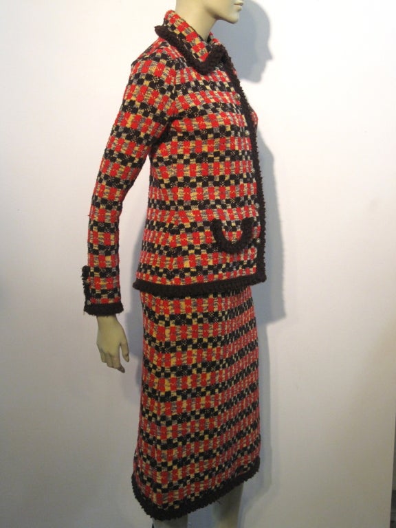 Black 70s Adolfo Gorgeous Knit Suit with Yarn Fringe Trim!