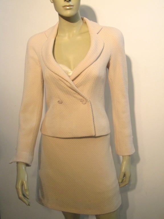 A gorgeous Christian Dior pale pink silk tweed skirt suit by Galliano.  Marked a French 36/US 4.