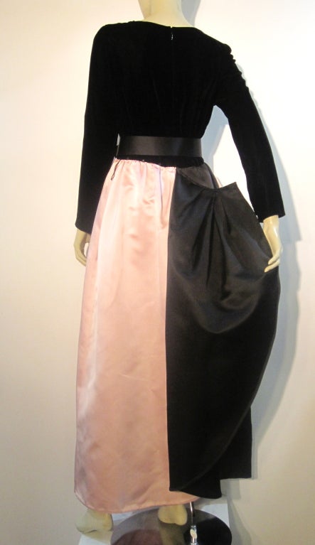 Bill Blass Velvet and Satin Tulip Skirt Belted Gown 1
