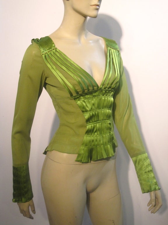 Gucci Peridot Green Chiffon and Satin Blouse 1