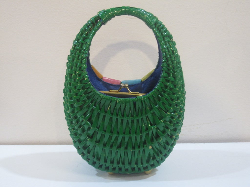 Koret 60s Kelly Green Wicker Basket Purse with Leather and Gold 1