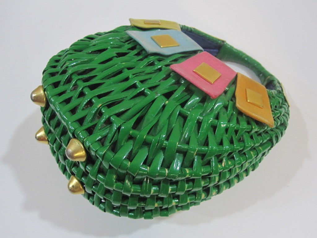 Koret 60s Kelly Green Wicker Basket Purse with Leather and Gold 3