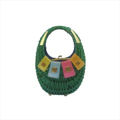 Koret 60s Kelly Green Wicker Basket Purse with Leather and Gold