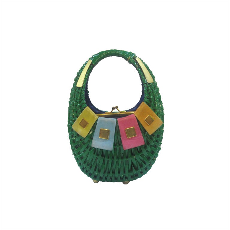 Koret 60s Kelly Green Wicker Basket Purse with Leather and Gold