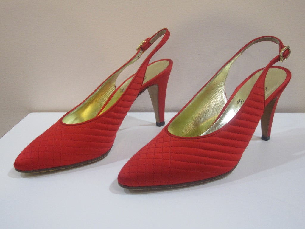 Chanel 80s Red Quilted Satin Slingback Pump 1