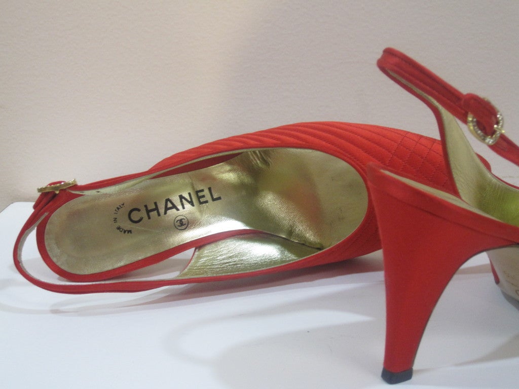 Chanel 80s Red Quilted Satin Slingback Pump 3