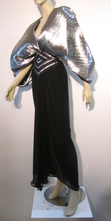 Women's Wayne Clark Pleated Silver Lamé and Black Gown