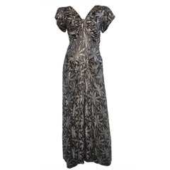 30s Silver and Black Lamé Gown in Bamboo Leaf Pattern
