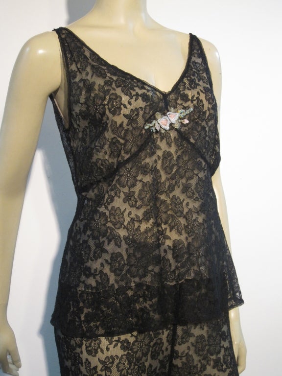 Women's 1920s Silk Lace Pajama Set--Lined with Trim