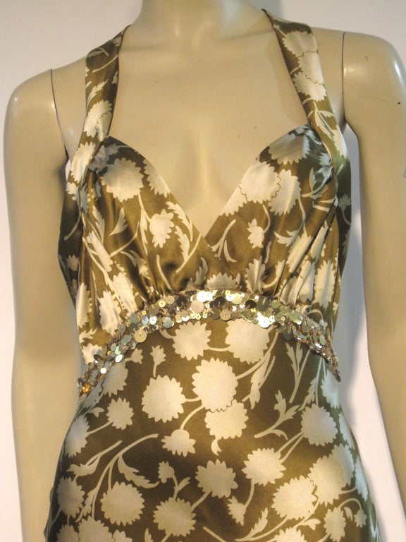 Women's Vera Wang Silk Satin Print Gown w/ Sequin Trim