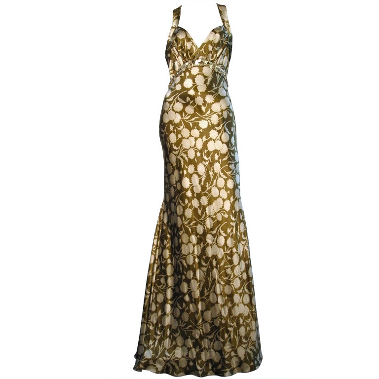 Vera Wang Silk Satin Print Gown w/ Sequin Trim