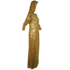 Vintage 80s Solid Gold Sequin & Bead Gown w/ Cowl
