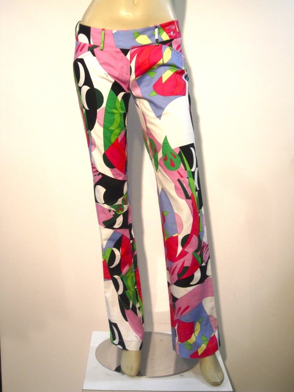 A great pair of Pucci mod print cotton denim pants: low-rise and slightly flared.  Size 4.