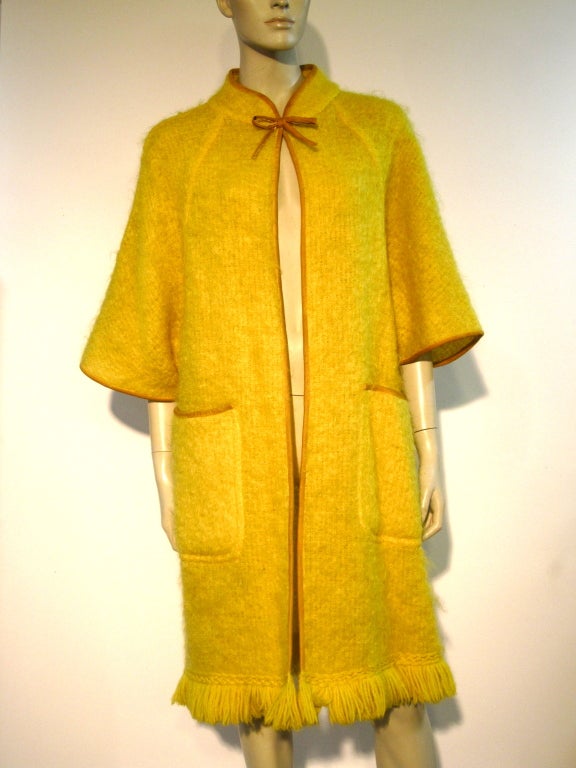 Bonnie Cashin 60s Canary Angora Sweater Coat w/ Leather Piping