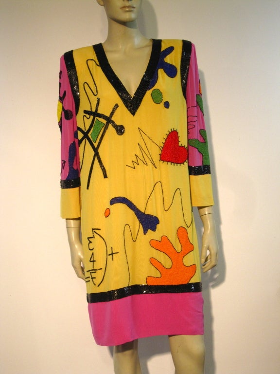 80s Fabrice Pop-Art Influenced Beaded, Embroidered Shift Dress