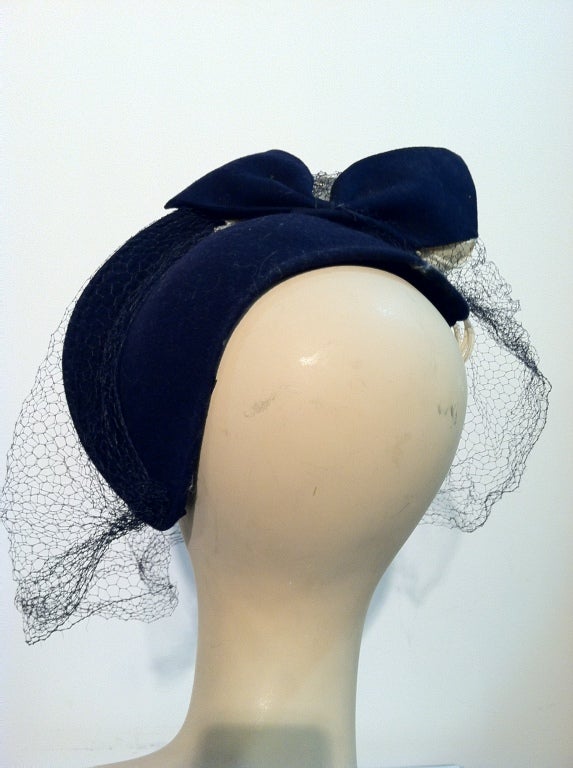 Women's 40s Navy Band Hat with Bouquet of White Flowers Under Brim