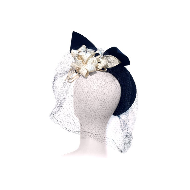 40s Navy Band Hat with Bouquet of White Flowers Under Brim