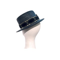 Vintage 50s Frank Olive Black Straw Boater Hat with Gorgeous Ribbon Band