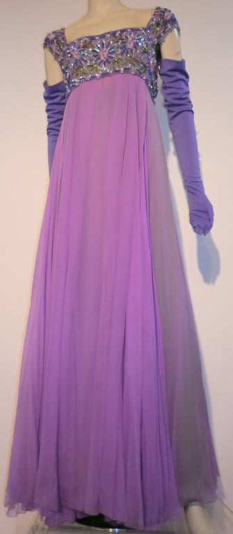 Helen Rose 60s Empire Silk Chiffon Gown w/ Beaded Bodice 1