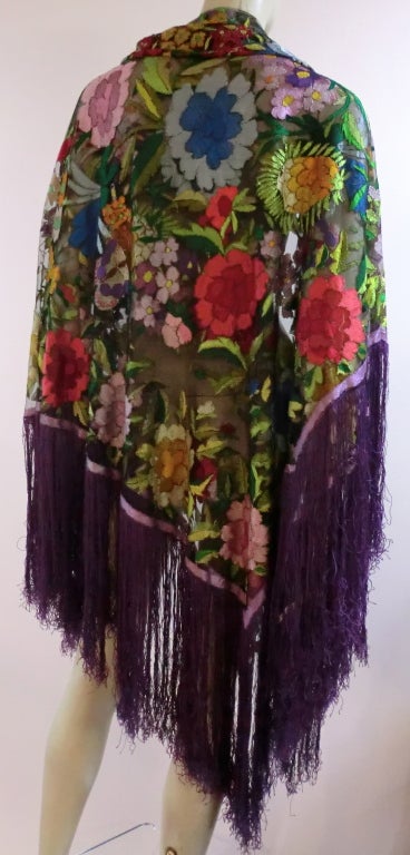20s Floral Embroidered Tulle Shawl with Fringe