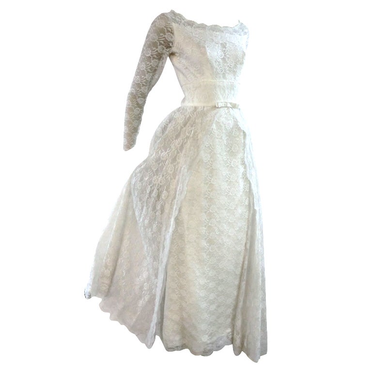 50s Lace Princess Wedding Gown Column w/ Overskirt