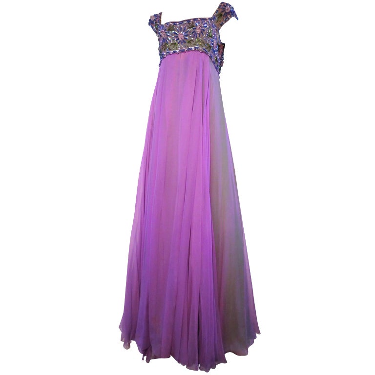 Helen Rose 60s Empire Silk Chiffon Gown w/ Beaded Bodice