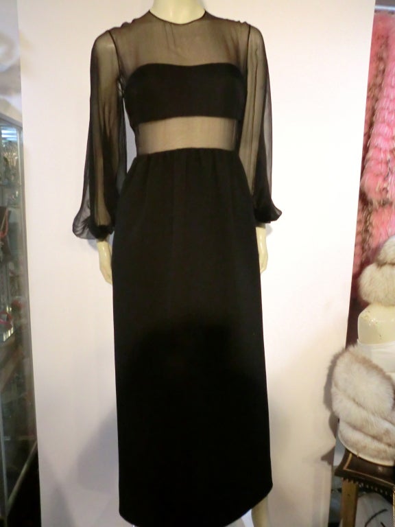 Another Galanos 60s masterpiece!  A super-simple, but super-sexy gown of silk chiffon and wool crepe, giving the illusion of a strapless bandeau top.