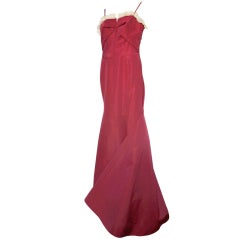 Retro Carolina Herrera Raspberry Red Silk Taffeta Gown w/ Lace Ruffle