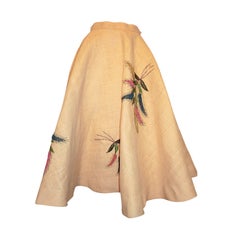 Unusual 50s Woven Straw & Raffia Embroidered Circle Skirt